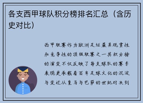 各支西甲球队积分榜排名汇总（含历史对比）